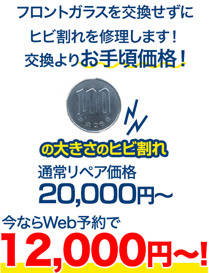 フロントガラスを交換せずにヒビ割れを修理します！交換よりお手頃価格！ 100円玉の大きさのヒビ割れ 通常リペア価格20,000円～のところを、今ならWeb予約で10,000円～！