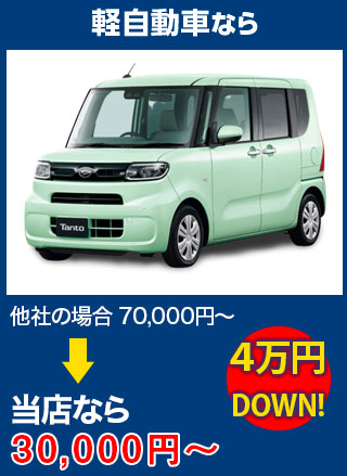 軽自動車なら、他社の場合70,000円～のところを三愛ガラスセンターなら30,000円～　5万円DOWN！